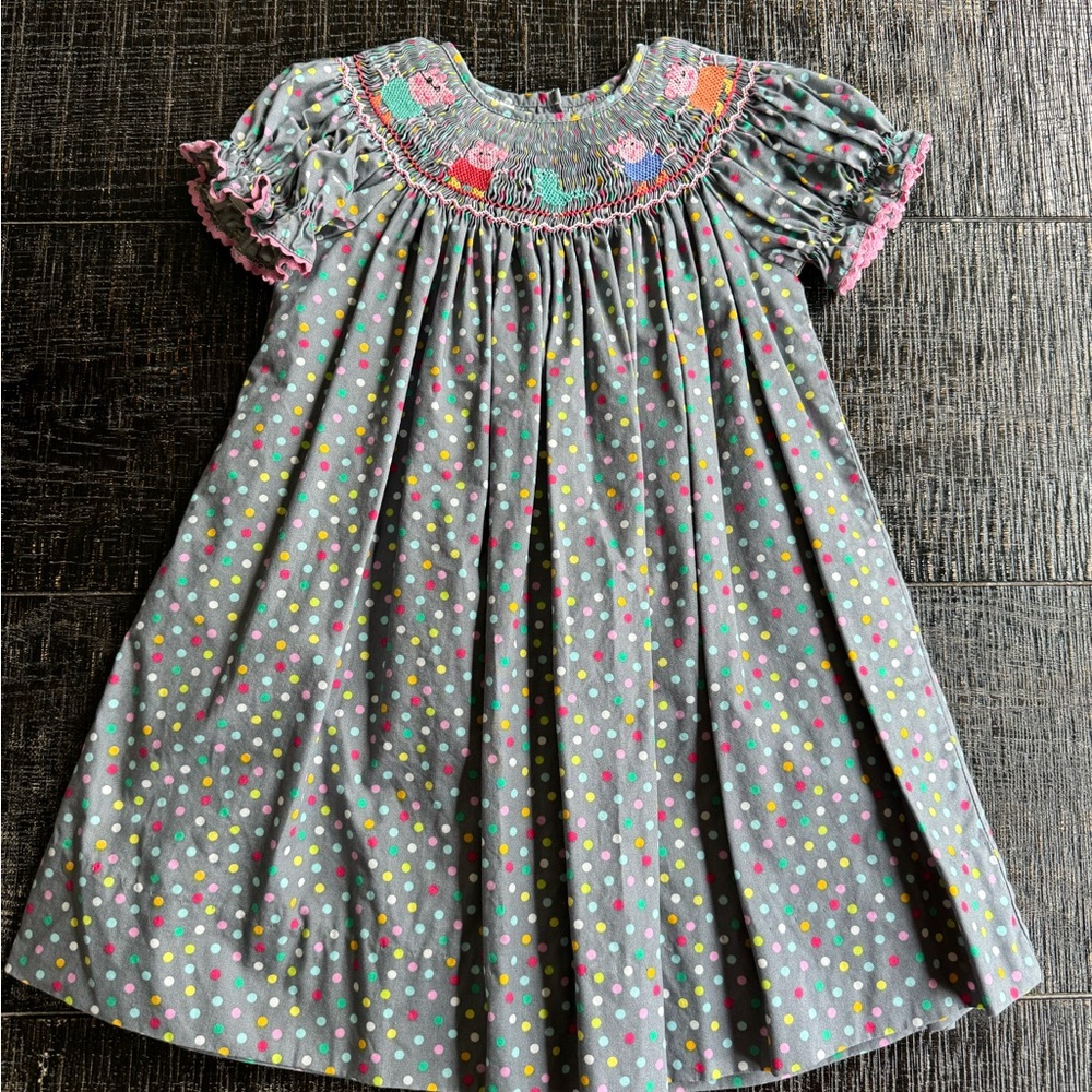 EUC Best Dressed Child Gray Polka Dot Peppa Pig Smocked Dress 2T